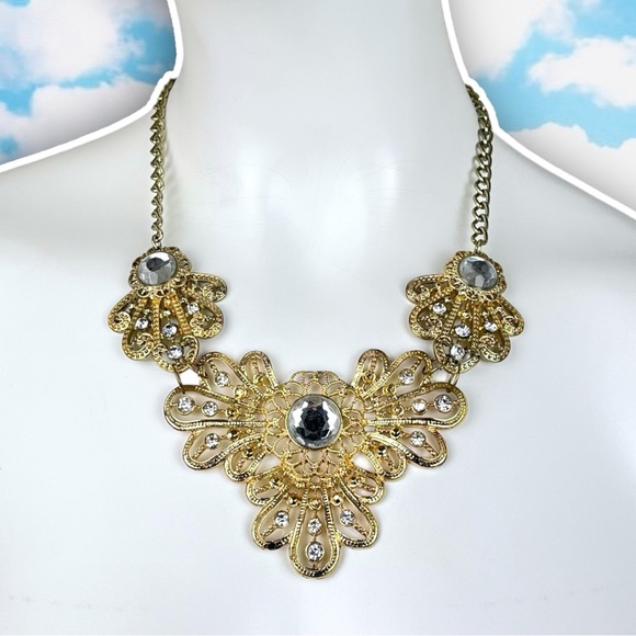 ❤️ LAILA ROWE Filigree Bejeweled Statement Necklace Gold Art Deco Gatsby Regency - Picture 1 of 6